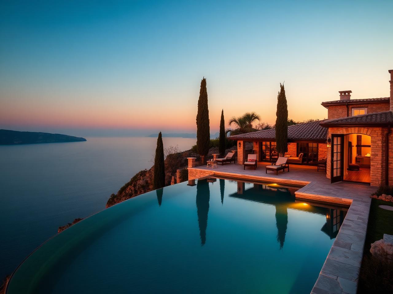 Villa exterior at dusk